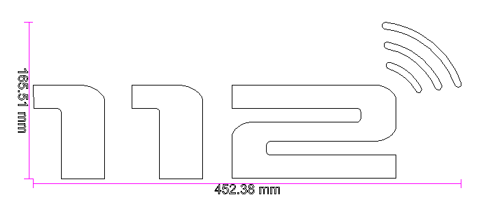 "112" - Notruf Schriftzug mit Funksymbol - PMC - in 3D - 453mm x 166mm