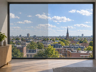 BRUXSAFOL Sonnenschutzfolie AX PLUS 50 Exterior am Fenster – Darstellung links mit, rechts ohne Folie