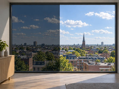 BRUXSAFOL Sonnenschutzfolie AX PLUS DS 6 Exterior am Fenster – Darstellung links mit, rechts ohne Folie