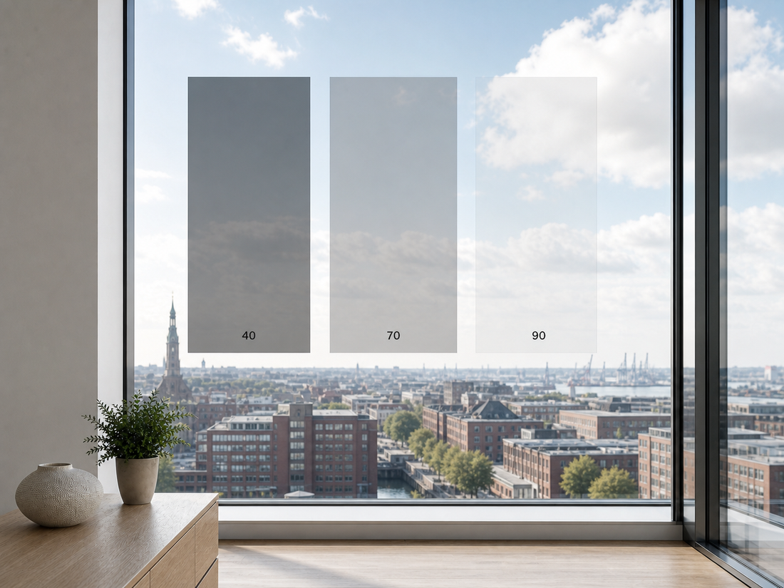 3M Prestige Serie im Vergleich: Tönungsstufen 40, 70 und 90 auf einem Fenster mit Stadtblick
