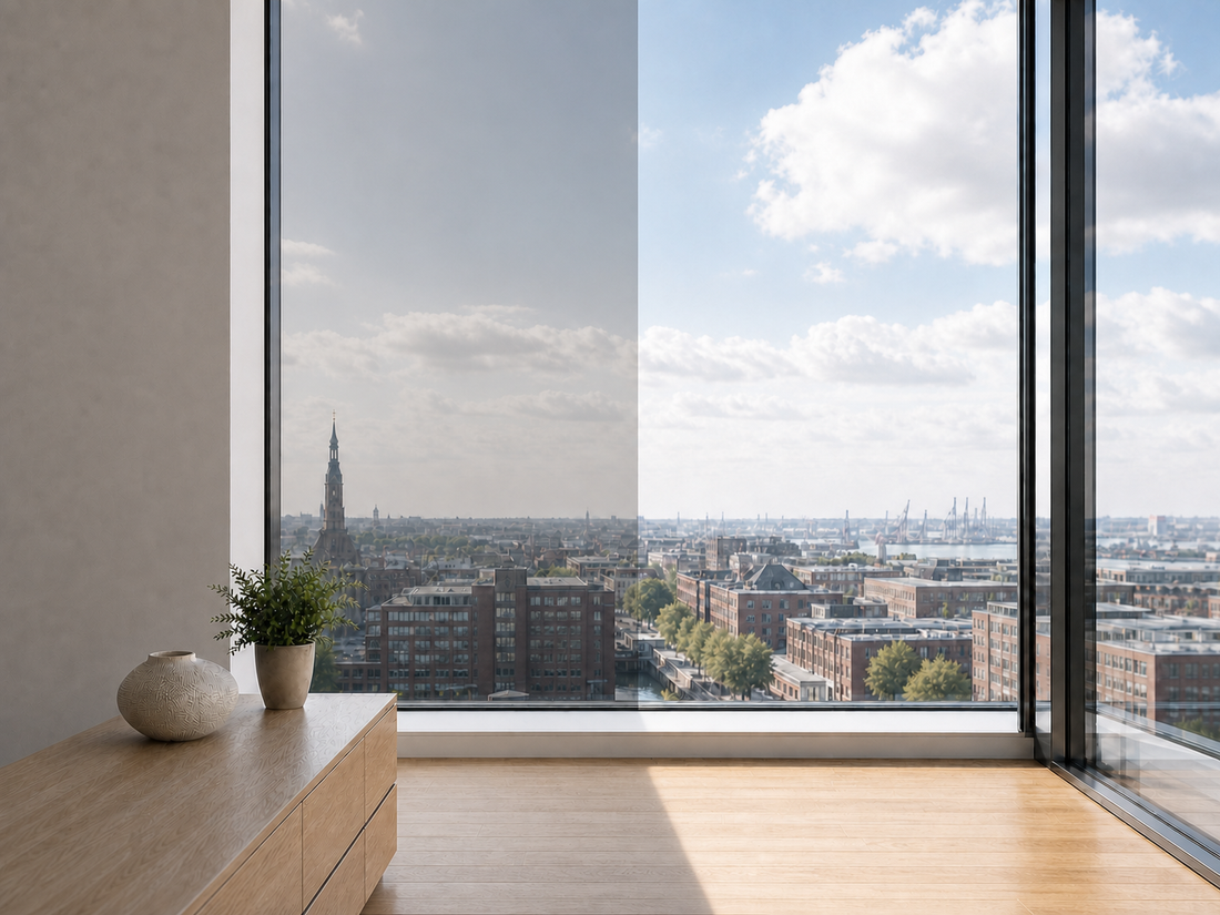 ORAFOL HelioShield Sonnenschutzfolie im Vorher-Nachher-Vergleich auf einem Fenster mit Stadtblick