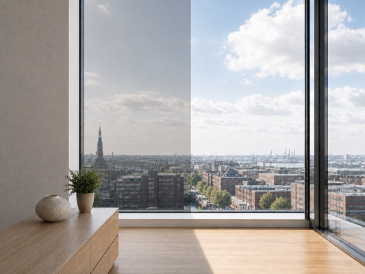ORAFOL HelioShield Sonnenschutzfolie im Vorher-Nachher-Vergleich auf einem Fenster mit Stadtblick