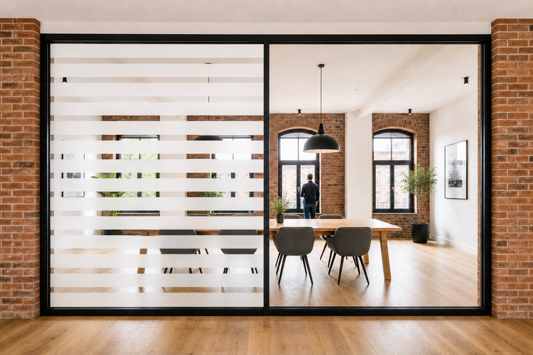 Glastrennwand mit Milchglasfolie im Streifendesign als Sichtschutz: linke Scheibe blickdicht foliert, rechte Scheibe klares Glas, in einem Loft mit Backsteinwänden