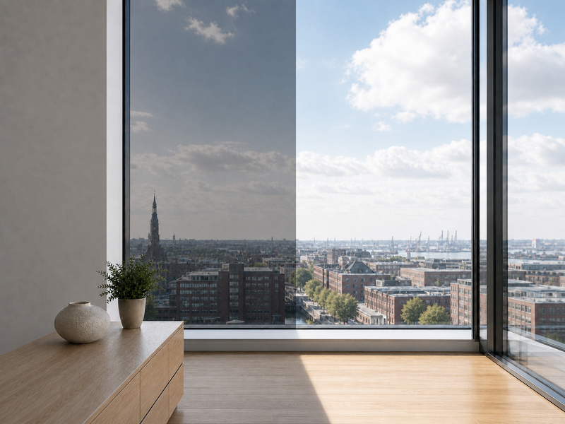 3M Prestige 40 Exterior am Fenster: links mit getönter Sonnenschutzfolie, rechts ohne Folie