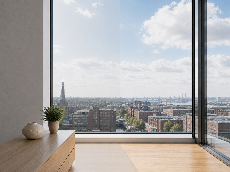 3M Prestige 90 Exterior am Fenster: links mit nahezu unsichtbarer Sonnenschutzfolie, rechts ohne Folie