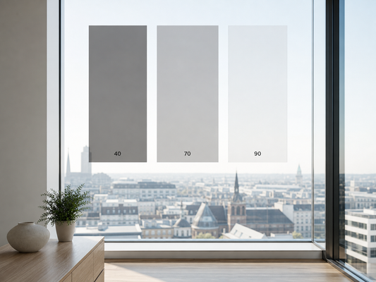 3M Prestige Serie im Vergleich: Tönungsstufen 40, 70 und 90 auf einem Fenster mit Stadtblick