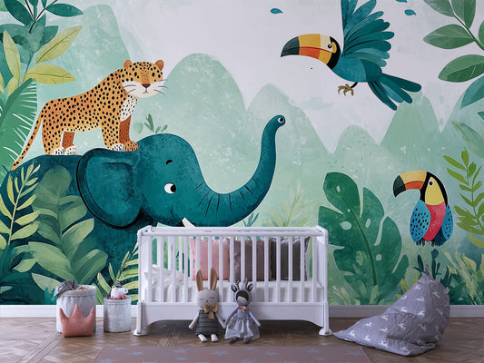 Tapete mit großem Elefanten, Leopard und fliegenden Tukanen für Babyzimmer und Spielbereiche