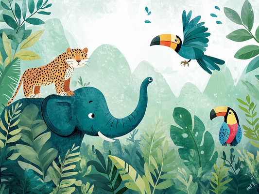 Tapete mit großem Elefanten, Leopard und fliegenden Tukanen für Babyzimmer und Spielbereiche