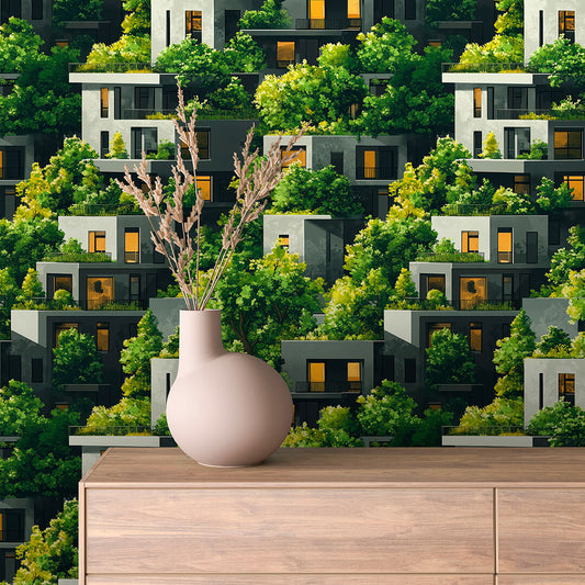 Wandbild graue Wohnungen unter Bäume Stadtmotiv