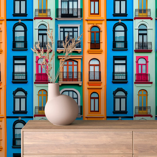Mustertapete Fenster im Englischen Stil bunte Reihenhaus