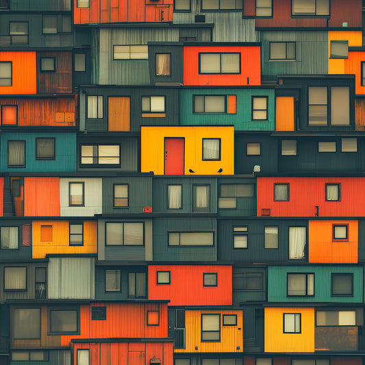 selbstklebende Tapete mit grauen orangen und gelben Bungalows