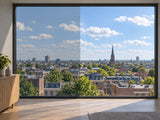 BRUXSAFOL Sonnenschutzfolie AX PLUS 30 Exterior am Fenster – Darstellung links mit, rechts ohne Folie