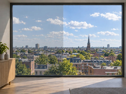 BRUXSAFOL Sonnenschutzfolie AX PLUS 50 Exterior am Fenster – Darstellung links mit, rechts ohne Folie