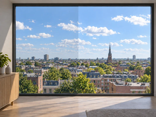 BRUXSAFOL Sonnenschutzfolie AX PLUS 70 Exterior am Fenster – Darstellung links mit, rechts ohne Folie