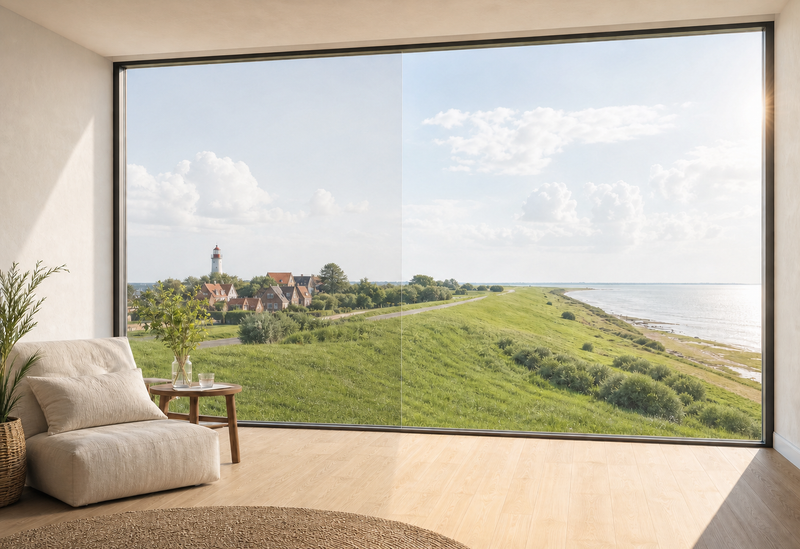 Großes Panoramafenster mit klarem Ausblick auf einen Nordsee-Deich mit Leuchtturm – Sonnenschutzfolie hält Hitze und Blendung draußen, ohne die Sicht zu trüben