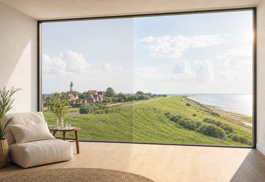 Großes Panoramafenster mit klarem Ausblick auf einen Nordsee-Deich mit Leuchtturm – Sonnenschutzfolie hält Hitze und Blendung draußen, ohne die Sicht zu trüben